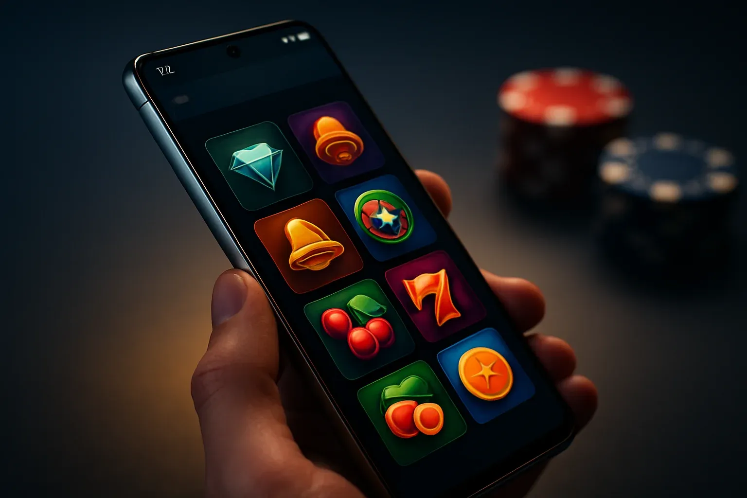 Flagship Android smartphone displaying vivid casino app interface with dramatic lighting