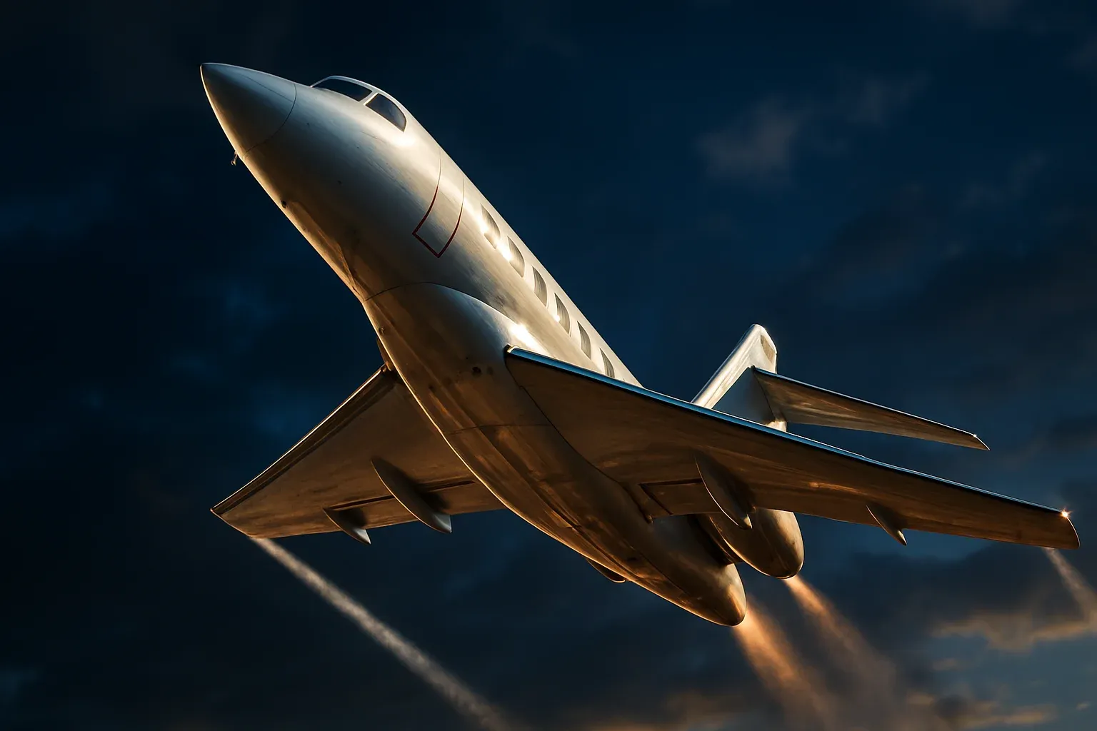 Sleek white jet aircraft climbing steeply in dramatic blue sky