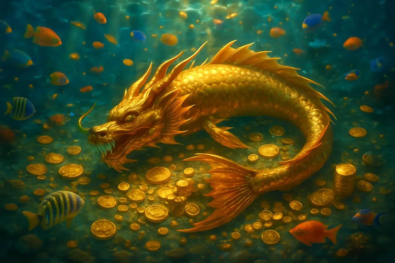 Massive golden dragon fish underwater with treasure, coins, and tropical fish