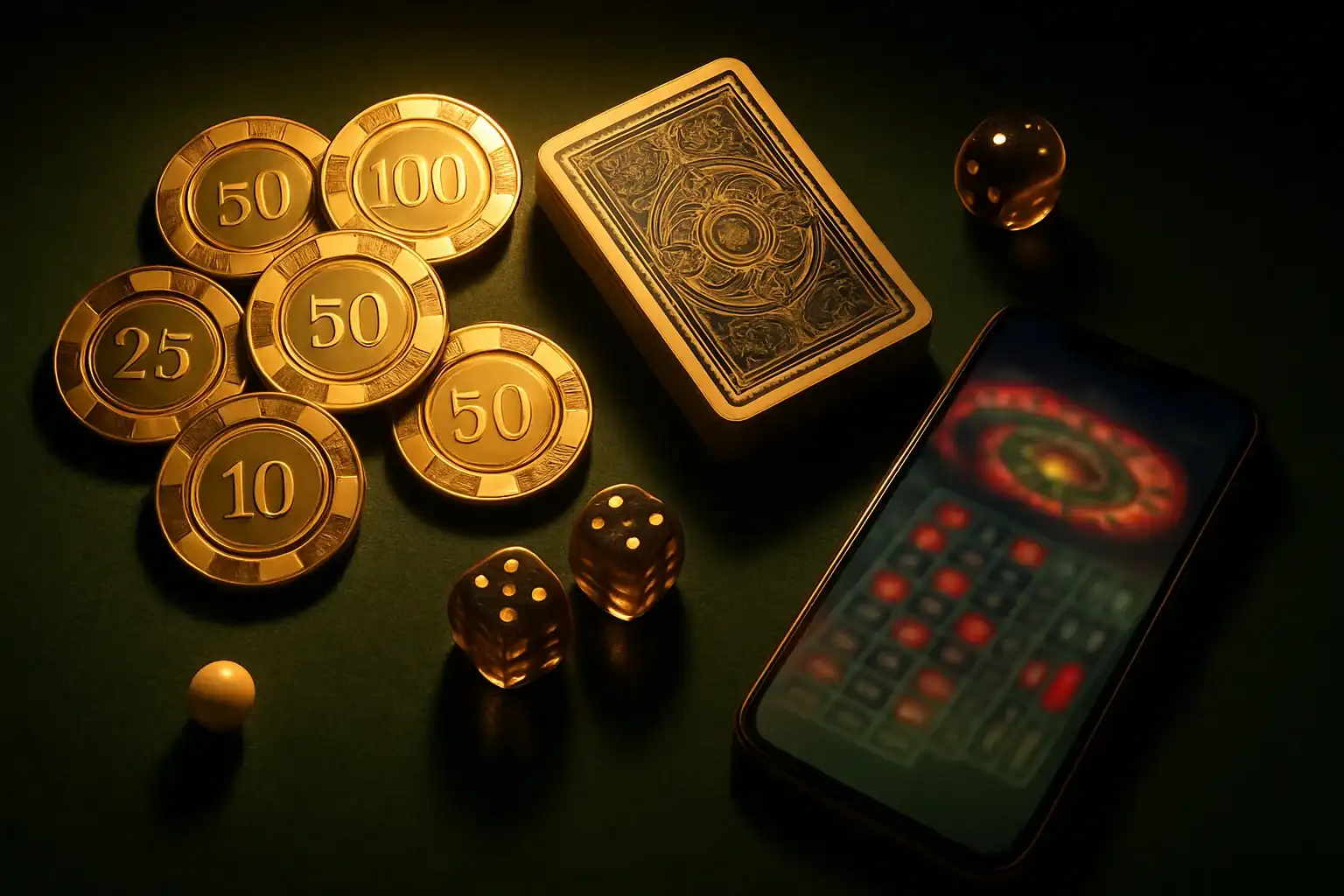 Premium casino table with gold chips, cards, dice, roulette ball, smartphone