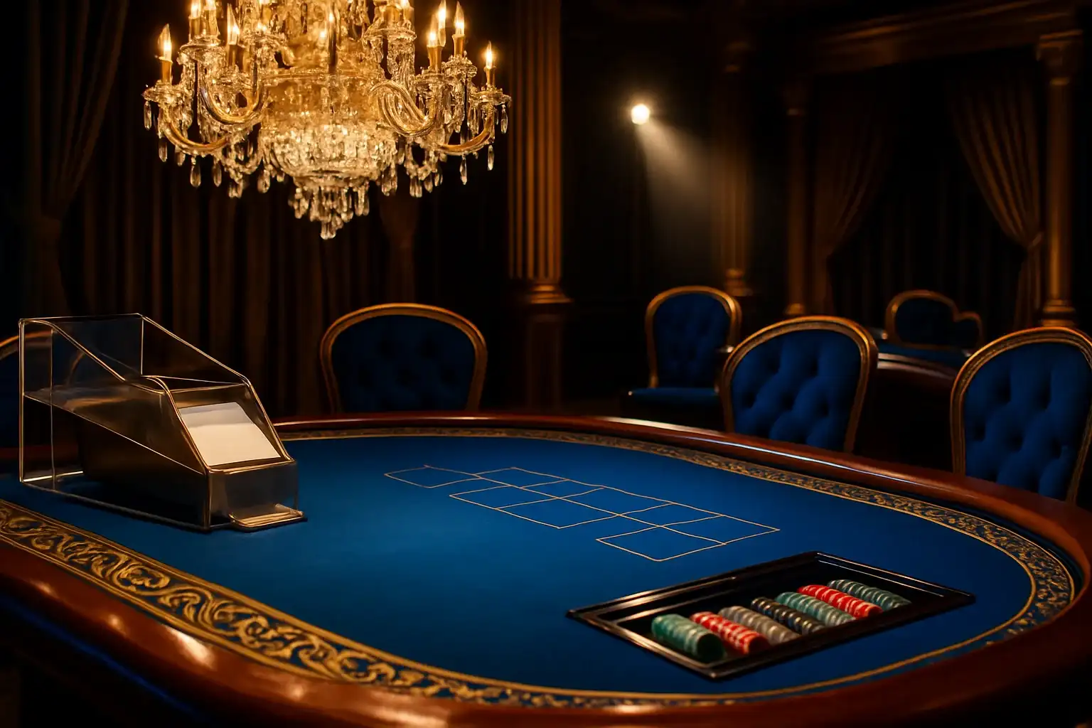 Hyperrealistic premium live baccarat studio in the Philippines with blue felt table