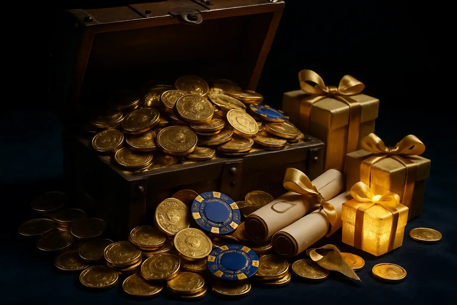 Overflowing treasure chest with gold coins, casino chips, vouchers, and gift boxes