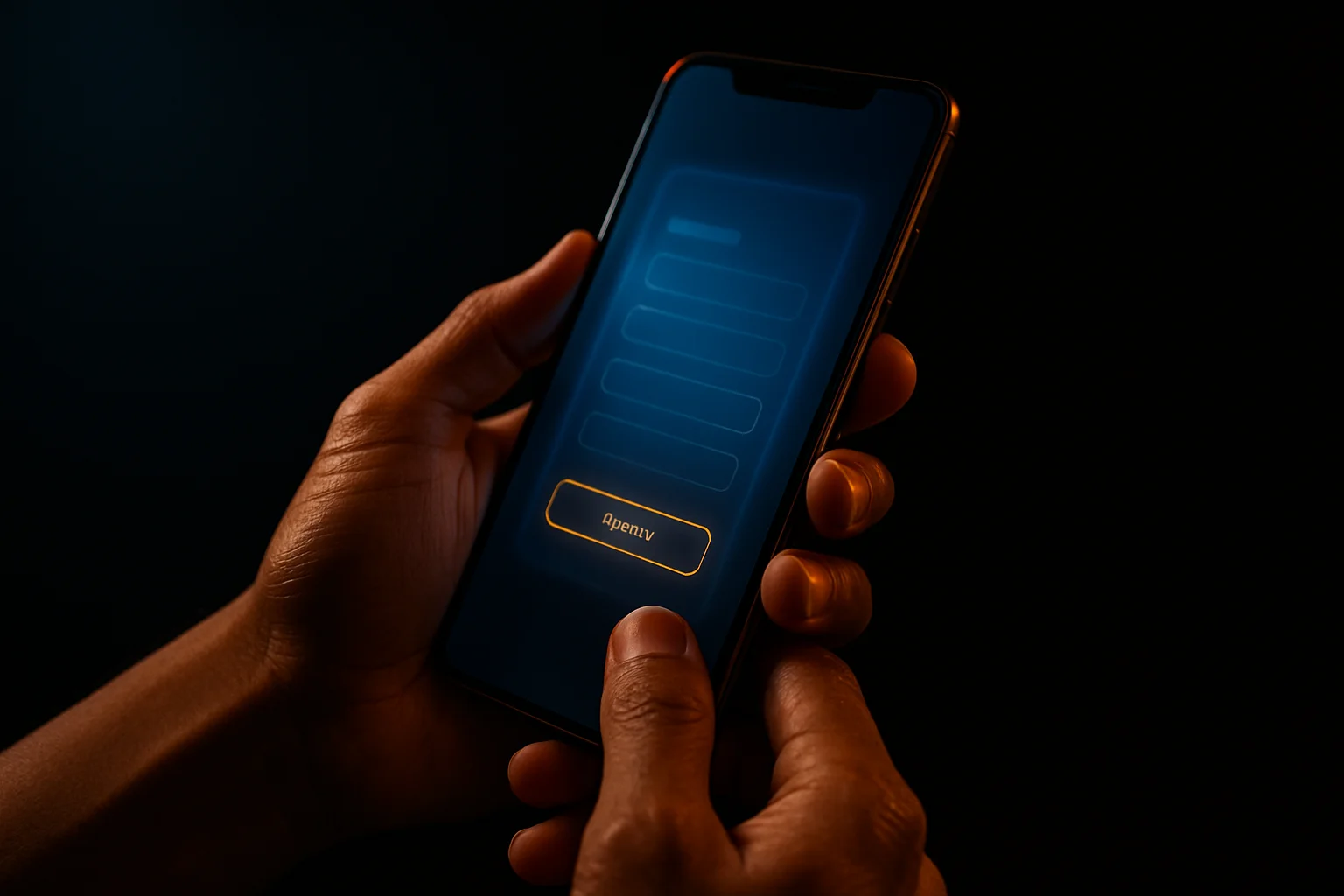 Filipino man's hands holding smartphone with glowing registration interface