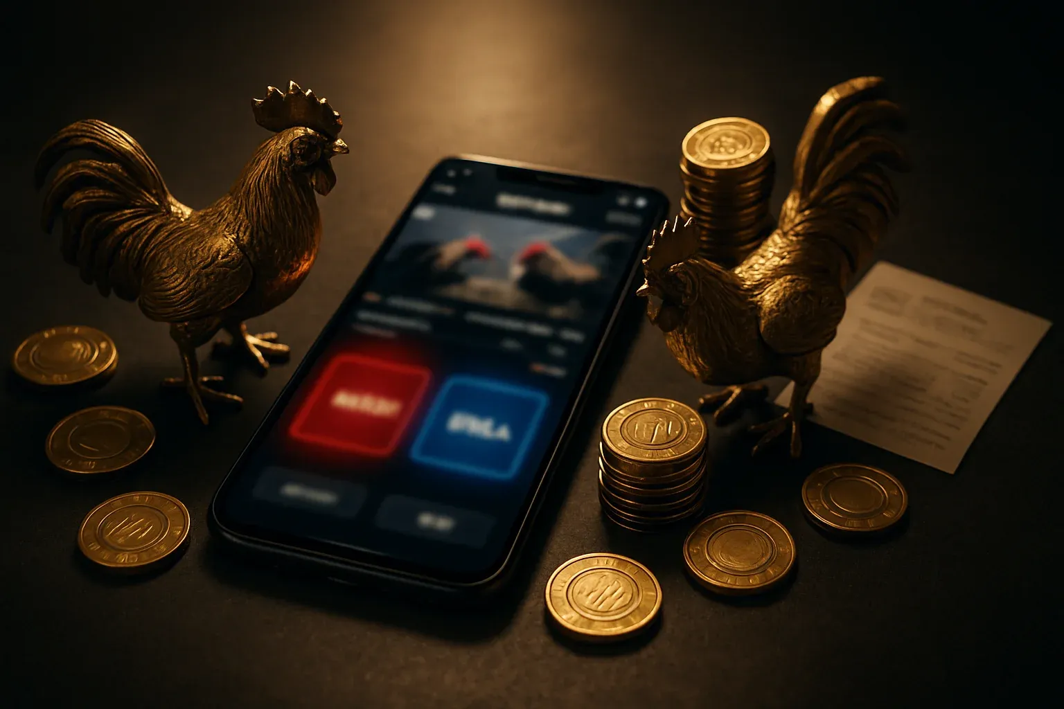 Smartphone with sabong betting interface, golden roosters, coins, and chips