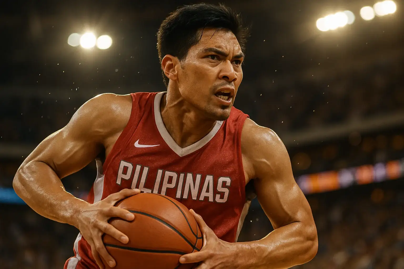 Filipino PBA player mid-air driving powerfully to the basket